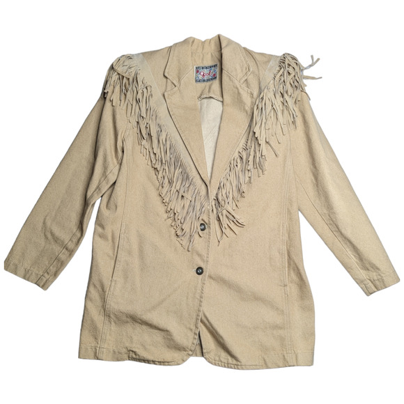 Vtg 1980s Goal by Hot Property Beige Canvas Suede Fringe Trim Western Blazer S - Picture 1 of 7